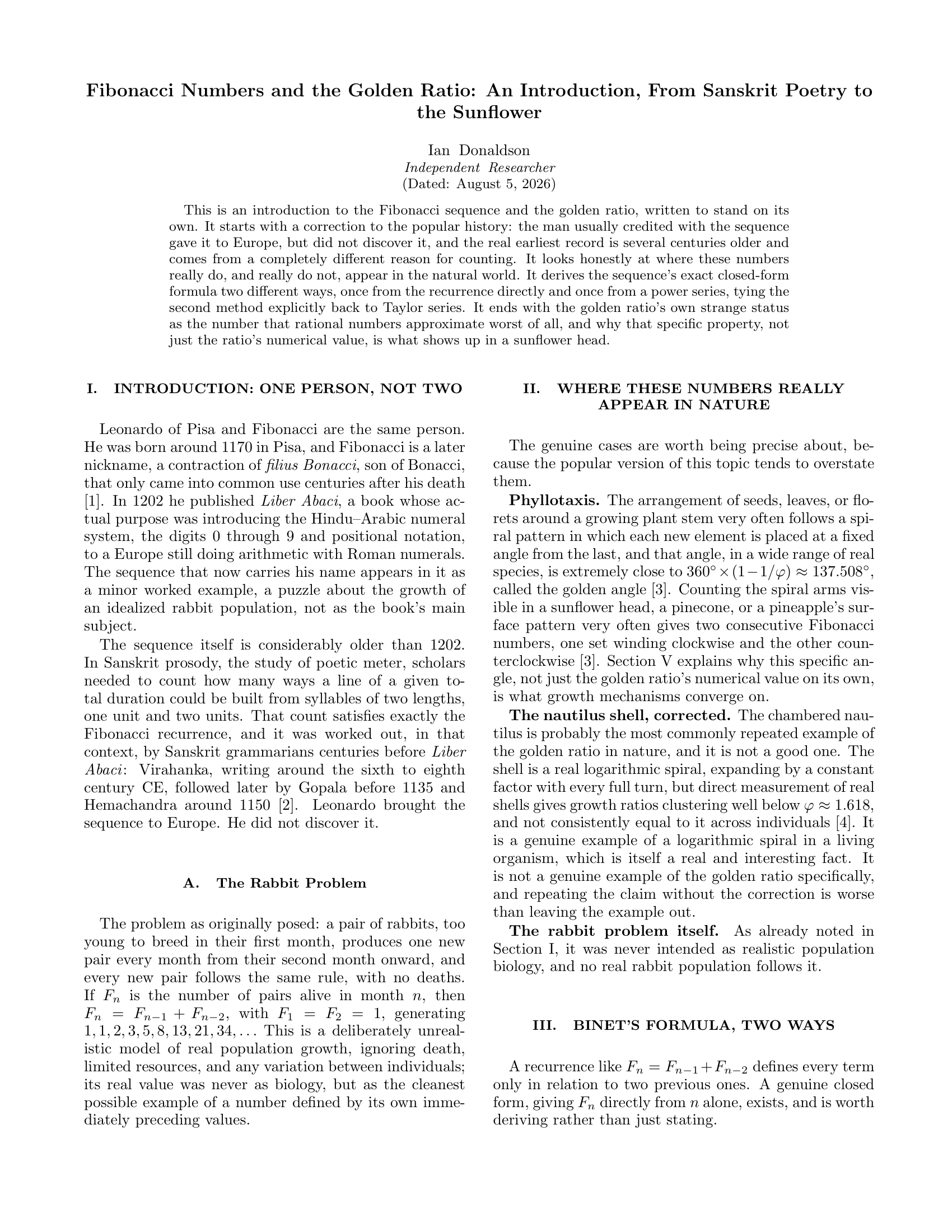 Cover page of the paper Fibonacci Numbers and the Golden Ratio: An Introduction, From Sanskrit Poetry to the Sunflower